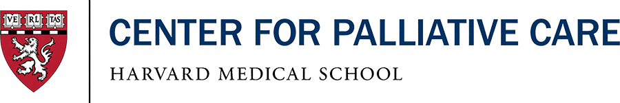 HMS Center for Palliative Care Logo - Dark blue sans-serif type over and black serif type with red shield to left showing a lion